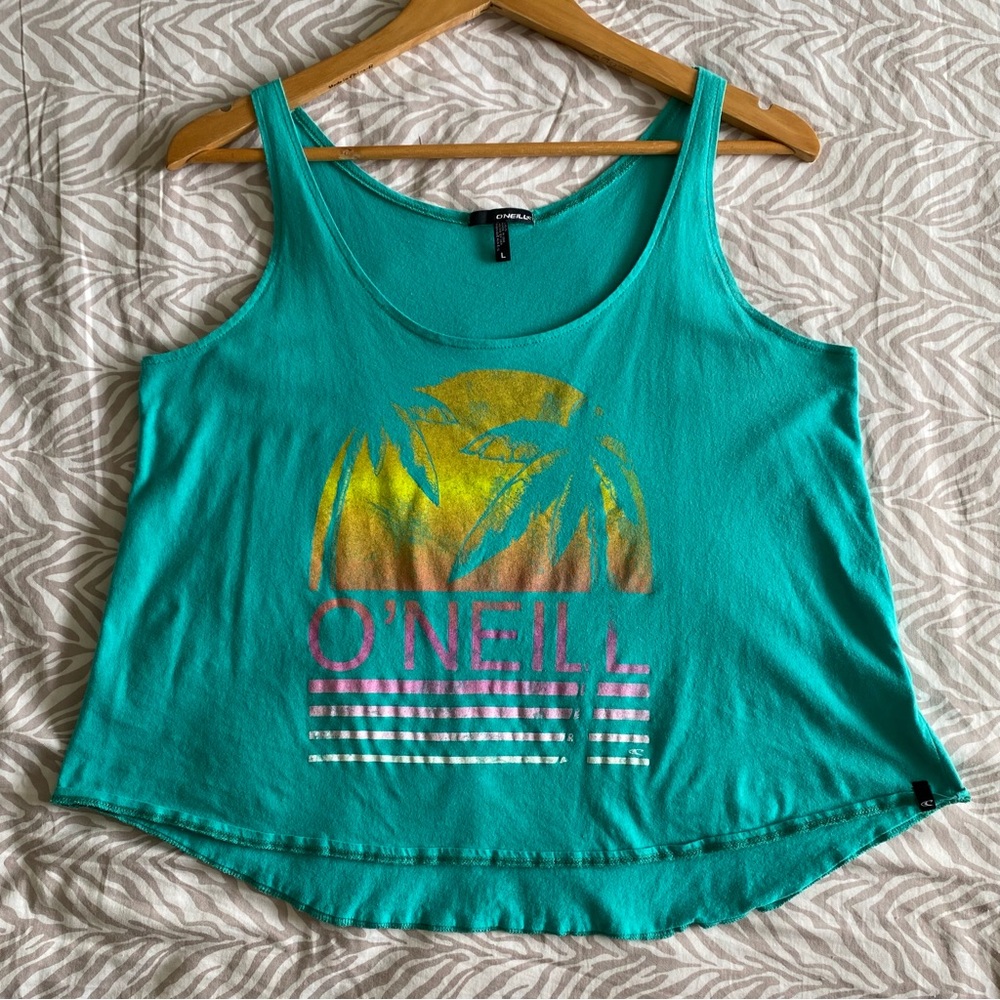 O’Neill Crop Top Tank Top Hi Lo with Scoop Neck Teal Turquoise Palm Sunset Print